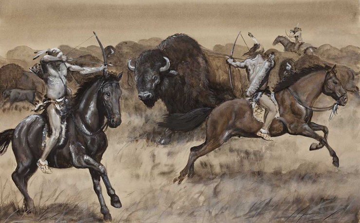 The landscape of the North American plains with its grazing herds of bison was home to the local hunter-gatherer population.