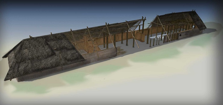 A hypothetical reconstruction of a Neolithic longhouse with an elevated floor in its southern section.