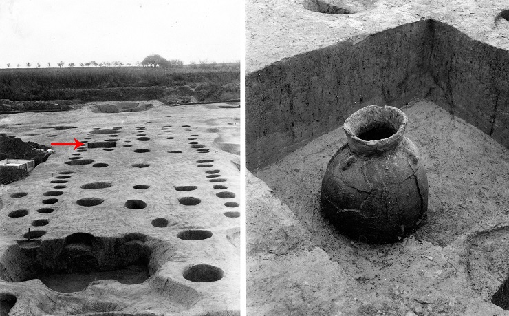 Zásobní keramická nádoba zahloubená v podlaze neolitického domu č. 96 v Bylanech.