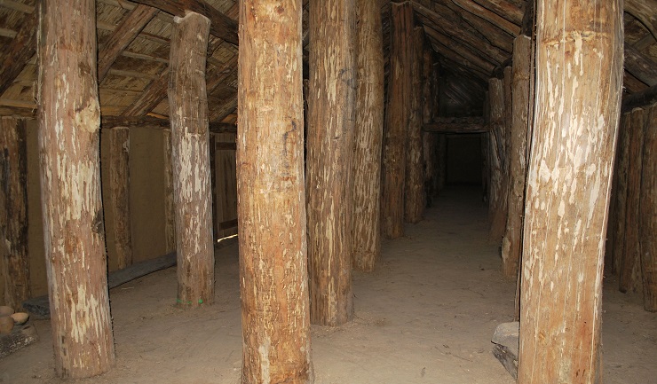 The interior of the reconstructed longhouse from the period of the Linear Pottery culture. 