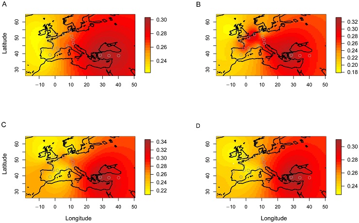 Geografický model vytvořený na základě Y chromozómu haploskupin R1b1b2. Ukazuje šířící se populační vlny zemědělců z Předního východu. Podle Sjödin – François 2011.