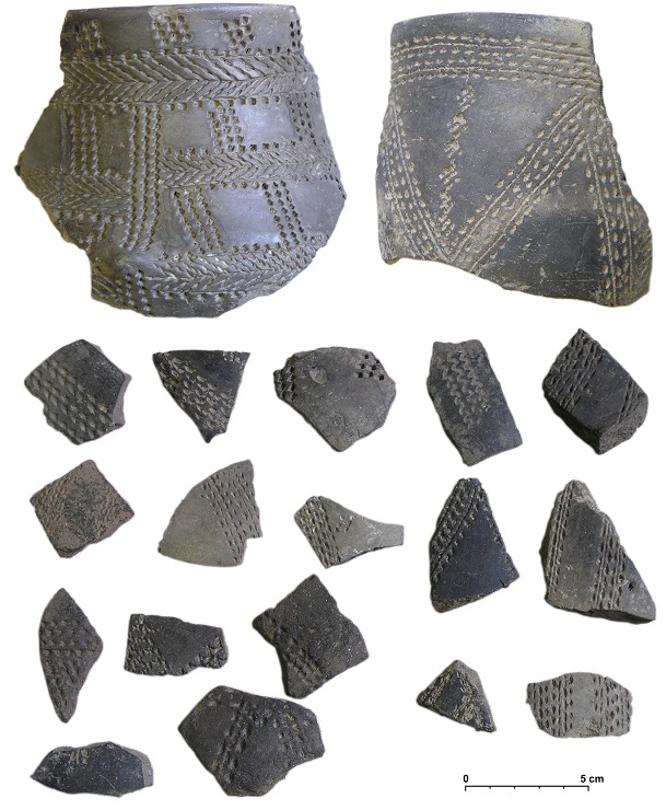 Vessels richly decorated by means of a multi-tipped tool are typical of the later period of the Stroked Pottery culture.