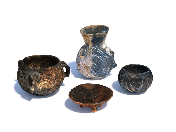 Zdobené nádoby kultury s lineární keramikou (lokalita Bylany). Vizualizace z 3D skenů.