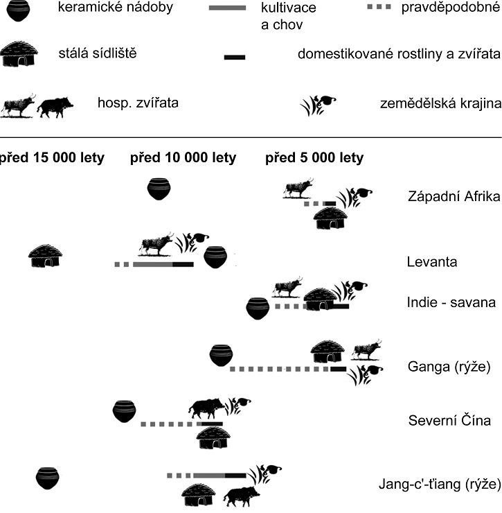 Neolitizační proces proběhl na různých kontinentech v rozmanitém pořadí jednotlivých položek neolitického balíčku, jak názorně ukazuje tento obrázek, upravený podle D. Q. Fullera.