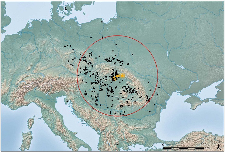 The total range of occurrence of Carpathian obsidian in the European prehistory period demonstrates the ease of its distribution over large distances.